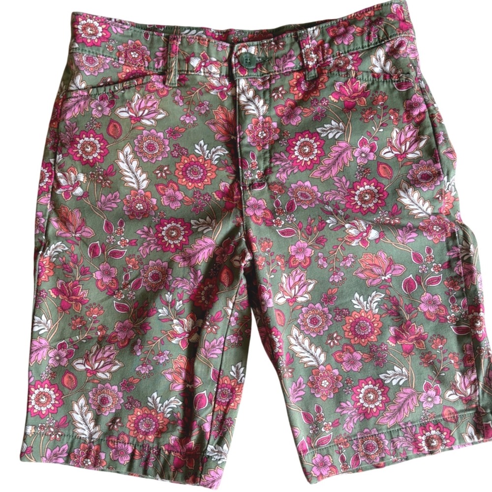 St Johns Bay Womens Olive Green Pink Floral Bermuda Shorts Mid Rise Cotton Blend